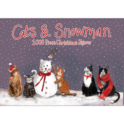 1000 pieces Cats & Snowman Jigsaw puzzle box featuring cats and a snowman with a purple snowy background.