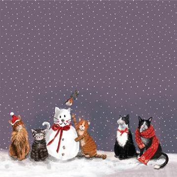 A coaster featuring a winter scene with several cats in hats and scarves on a snowy ground under a dark purple starry sky. 