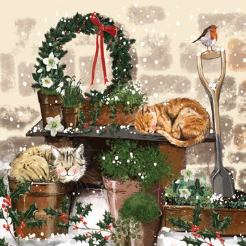 A coaster featuring a festive illustration of cats in potted plants, a wreath, and a shovel in a snowy scene.