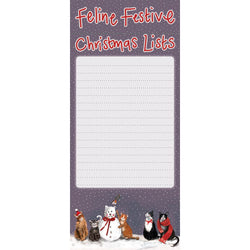 Notepad with feline-themed design and text 'Feline Festive Christmas Lists' on a white background