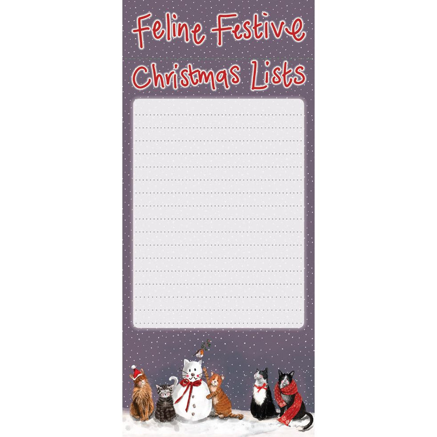 Notepad with feline-themed design and text 'Feline Festive Christmas Lists' on a white background