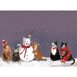 Alex Clark design placemat featuring multiple cats in a snowy setting with a snowman