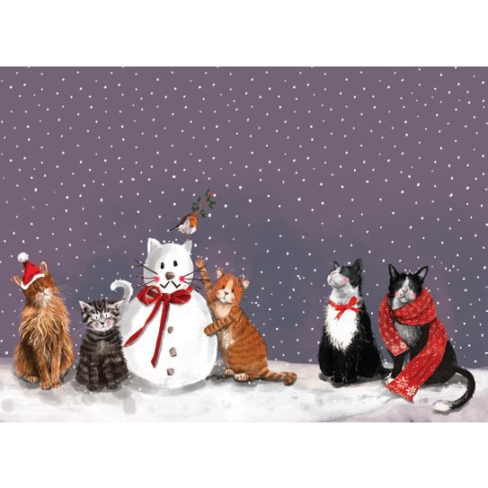 Alex Clark design placemat featuring multiple cats in a snowy setting with a snowman
