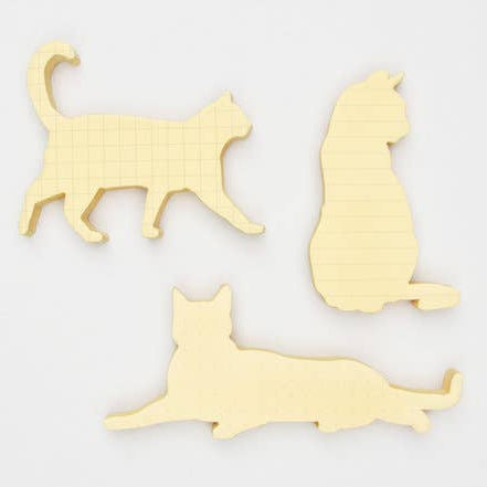 Three yellow cat-shaped  sticky notes on a white background