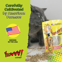 Yeowww! catnip packet with cat and text saying carefully cultivated by American farmers