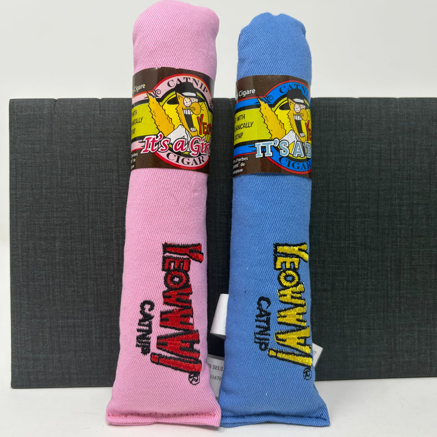 Two rolled fabric cat toys in pink and blue, each with a branded paper band and embroidered 'Yeowww