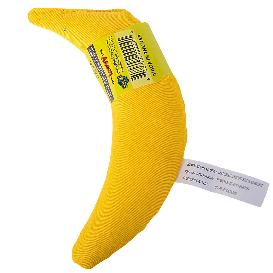 Yellow banana-shaped catnip toy with a label on a white background