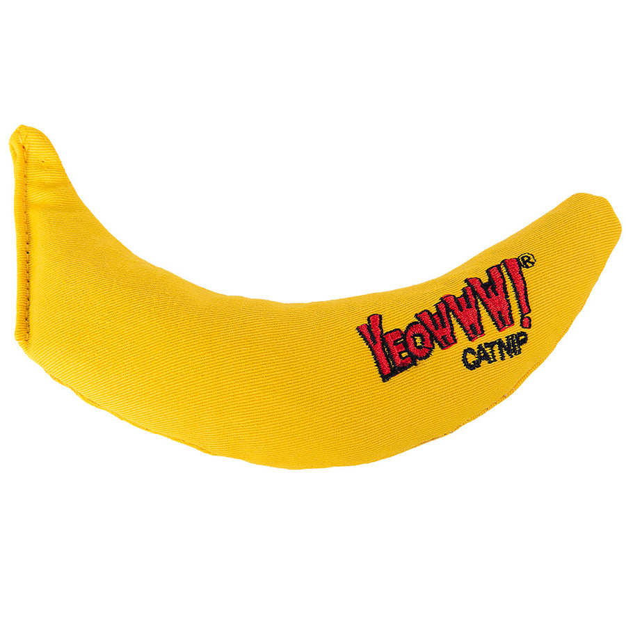 Yellow banana-shaped cat toy with 'YEOWWW!' branding on a white background