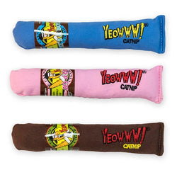 Three Yeowww catnip cigars, blue pink and brown