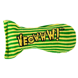 A green and yellow striped Yeowww catnip cat toy with the word 'YEOWWW!' embroidered across the front, isolated on a white background.