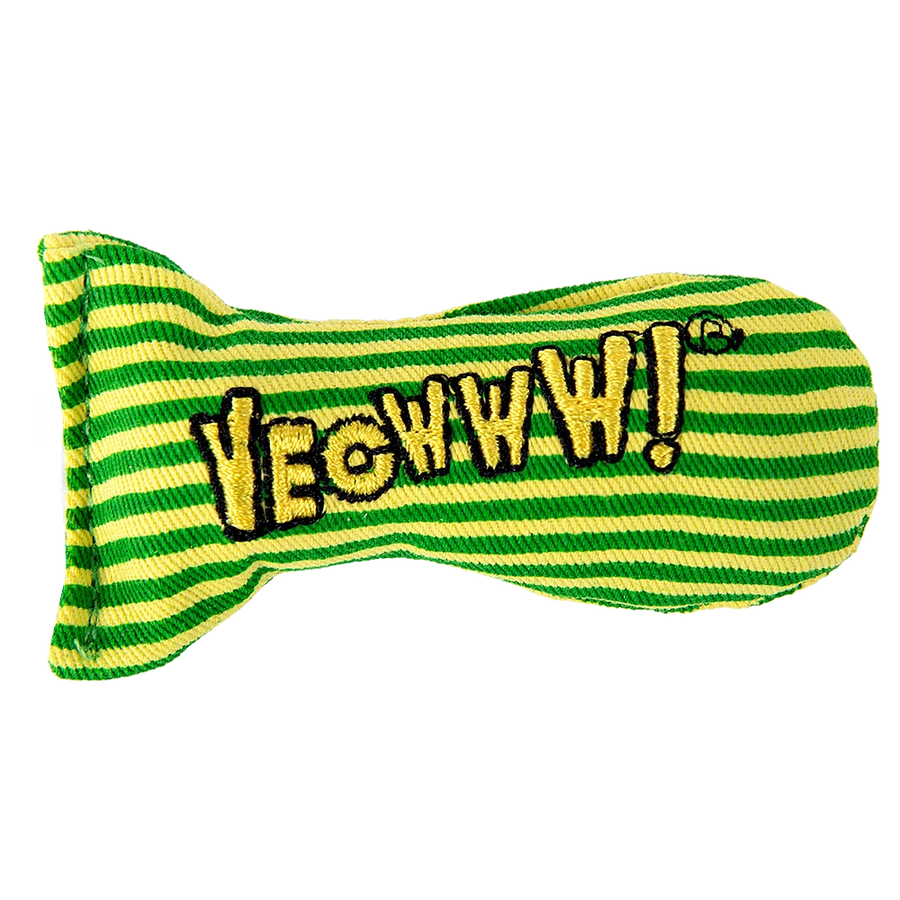 A green and yellow striped Yeowww catnip cat toy with the word 'YEOWWW!' embroidered across the front, isolated on a white background.