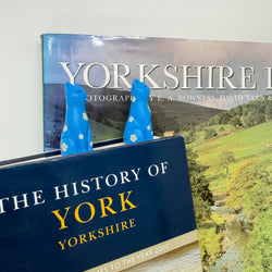 Two blue kitten ornaments decorated with white roses, displayed with books about Yorkshire