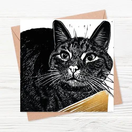 Zappa the Tabby Cat Linocut Card