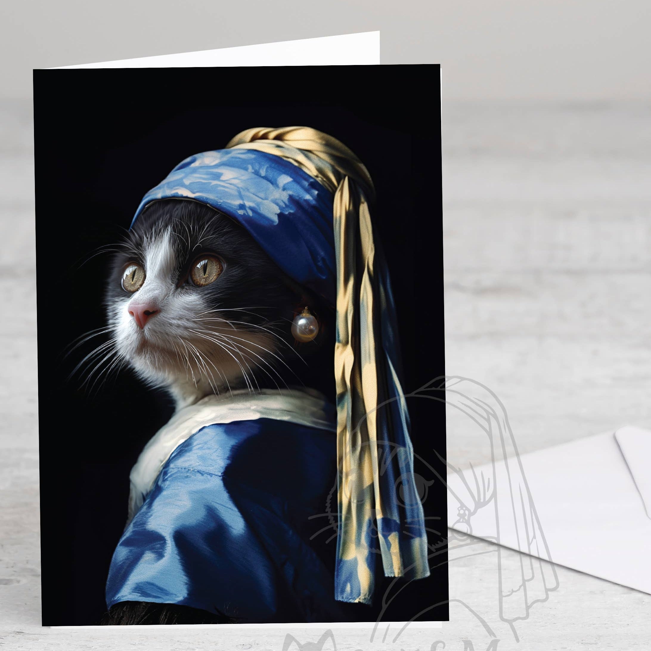 Cat with Pearl Earrings Greetings Card, Tuxedo