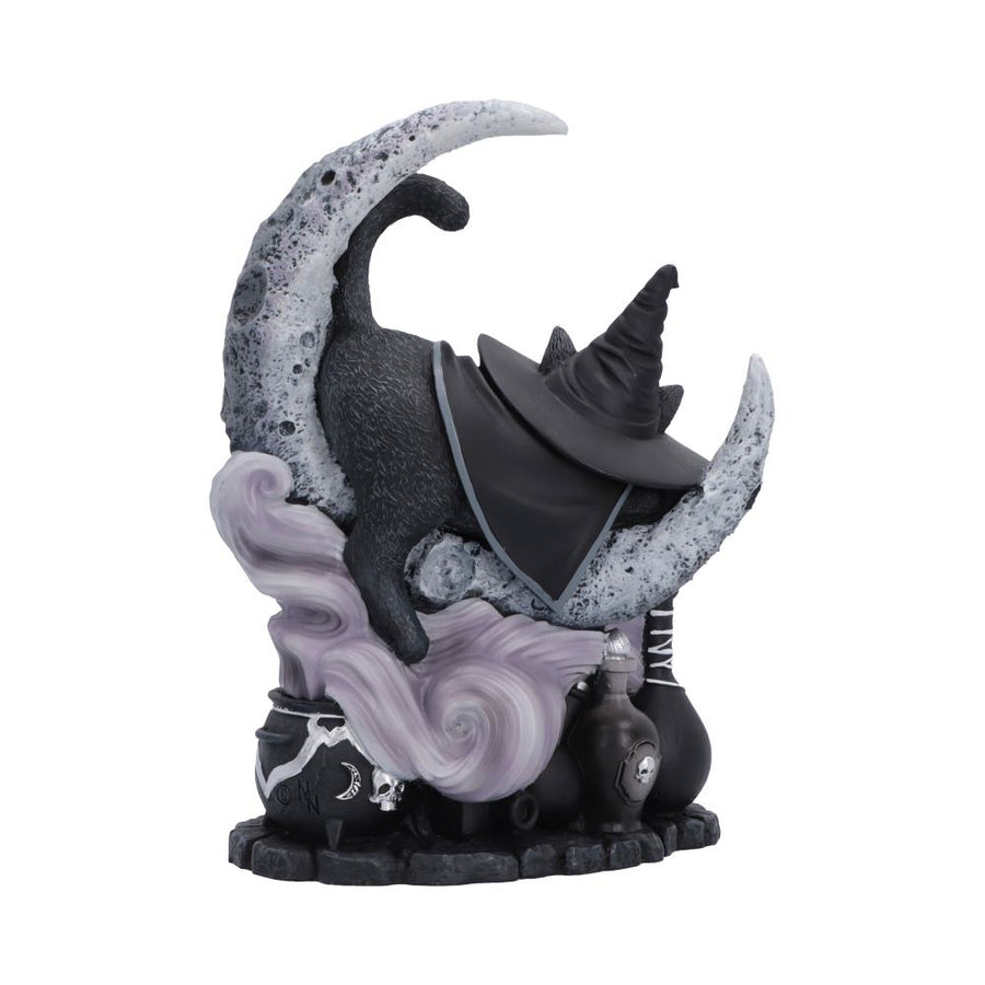 Decorative figurine of a cat in a witch hat on a moon with '25 October' text. The whole forming a perpetual calendar - rear view