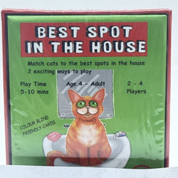 Rear view of packaging for 'Best Spot in the House' card game. The box has a red header with white text and details about the game's play time, age, and number of players.