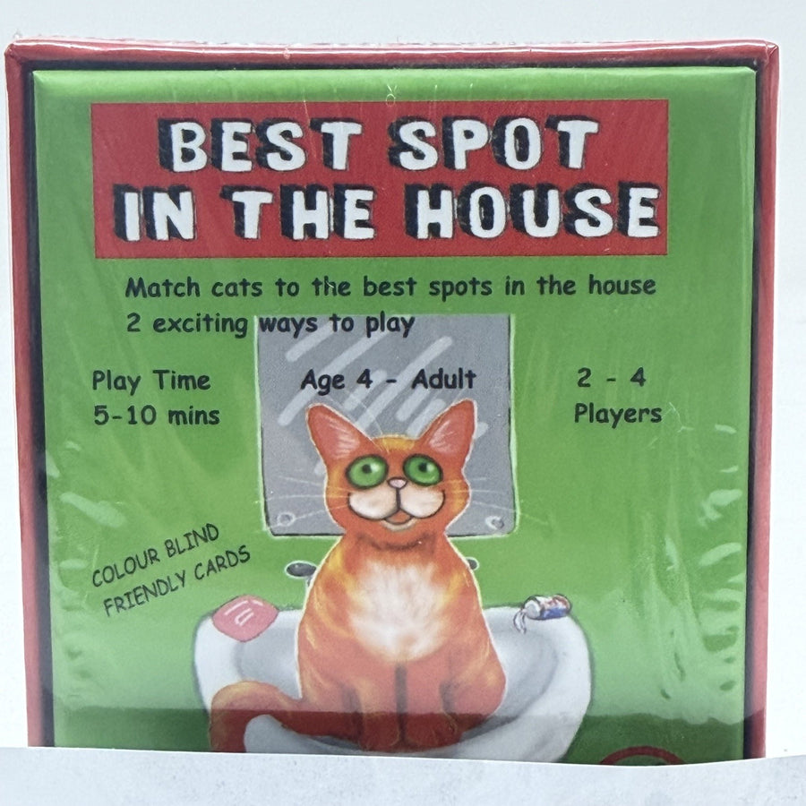 Rear view of packaging for 'Best Spot in the House' card game. The box has a red header with white text and details about the game's play time, age, and number of players.