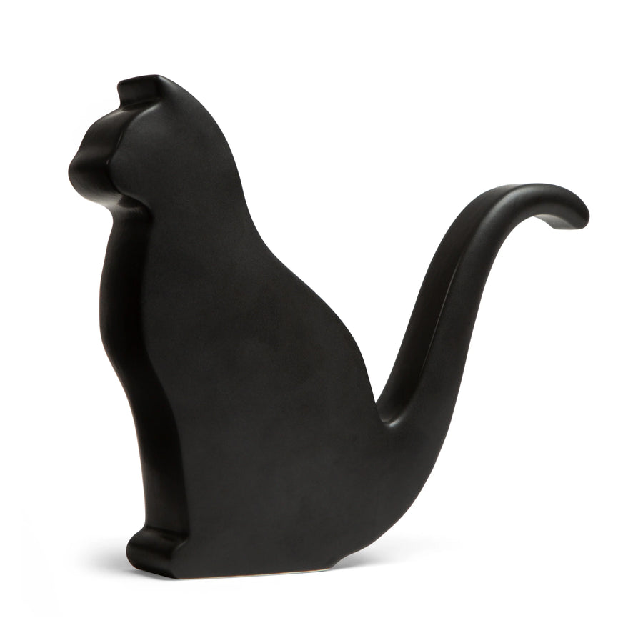 Black cat-shaped ceramic watering can on a white background