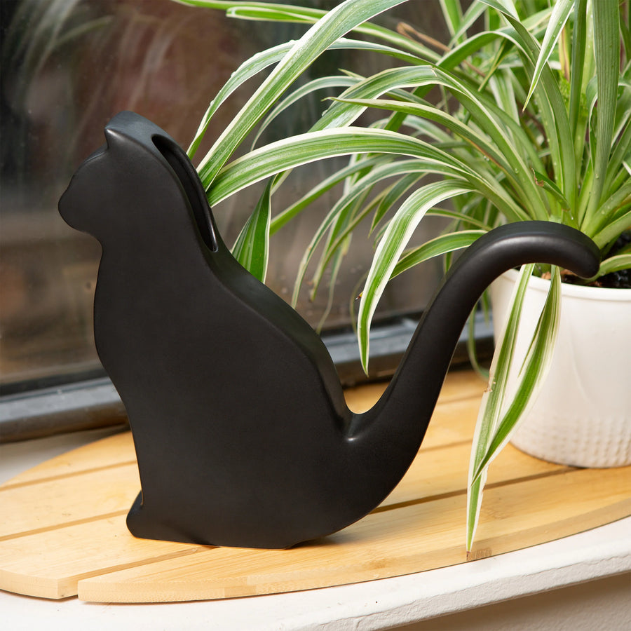 Black cat-shaped watering can on a windowsill with a plant in the background