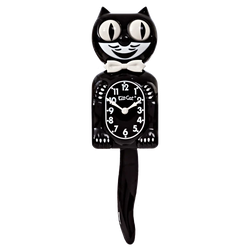 Black cat-shaped clock with a white bow tie on a white background