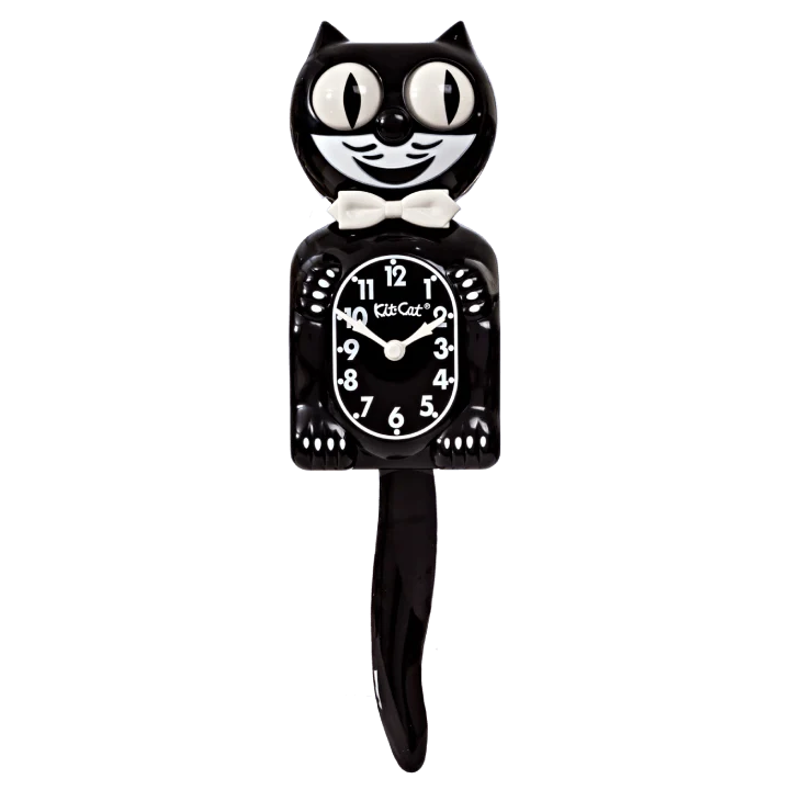 Black cat-shaped clock with a white bow tie on a white background