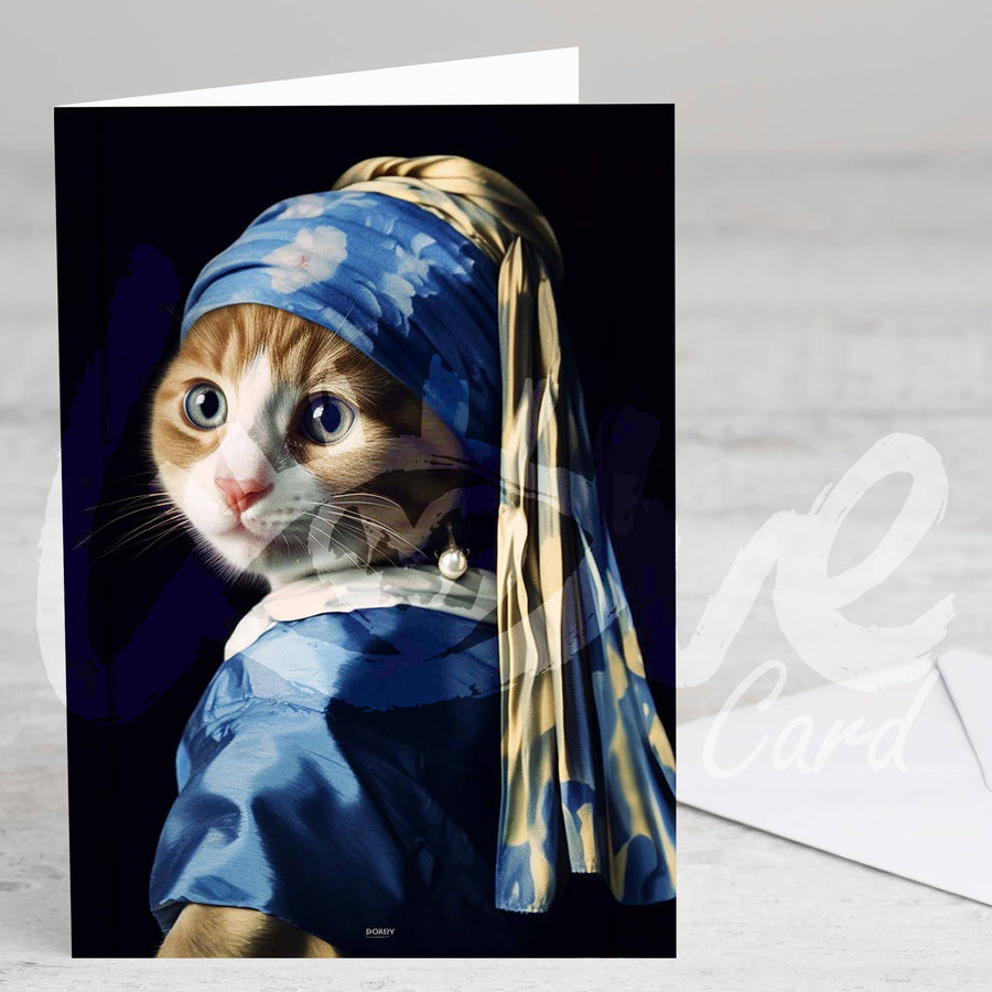Cat with Pearl Earring Greetings Card, Ginger