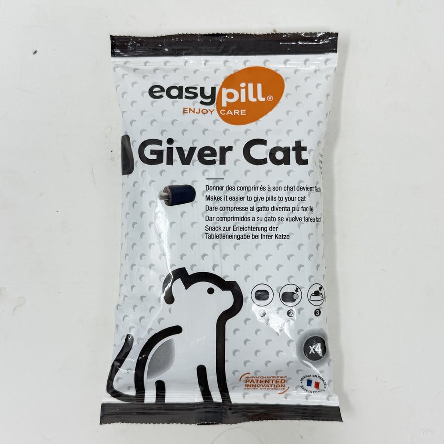 A package of 'easypill Giver Cat' tablets, featuring a white and black design with an orange logo, photographed on a white surface.
