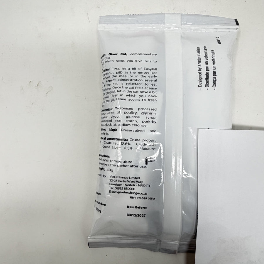 Reverse of Easypill cat putty pack