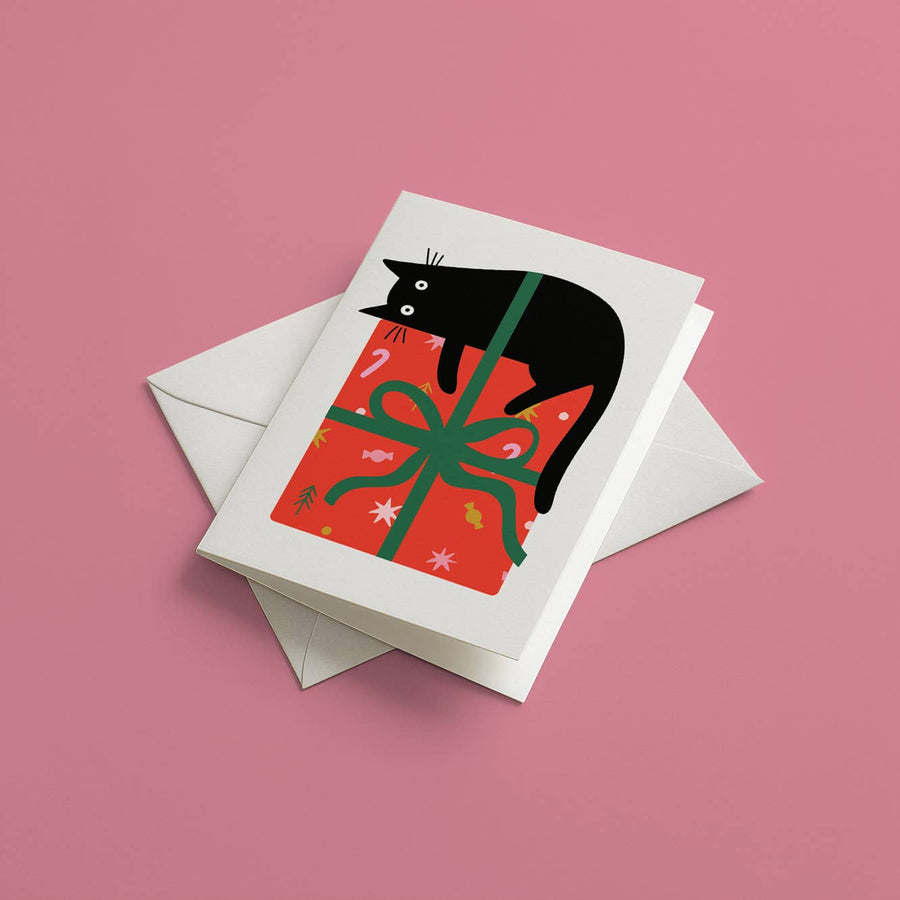Cat on Gift Christmas card