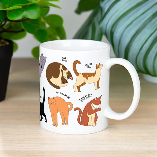 A white ceramic mug with cartoon cats in various poses, each with a caption showing what the pose means