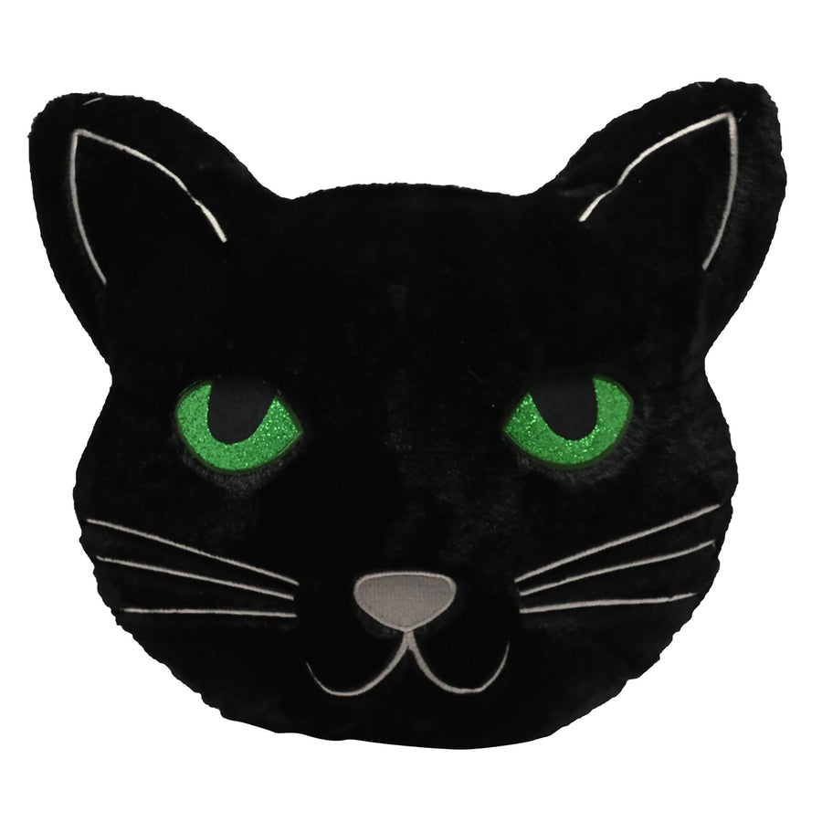 Black cat face cushion on a white background