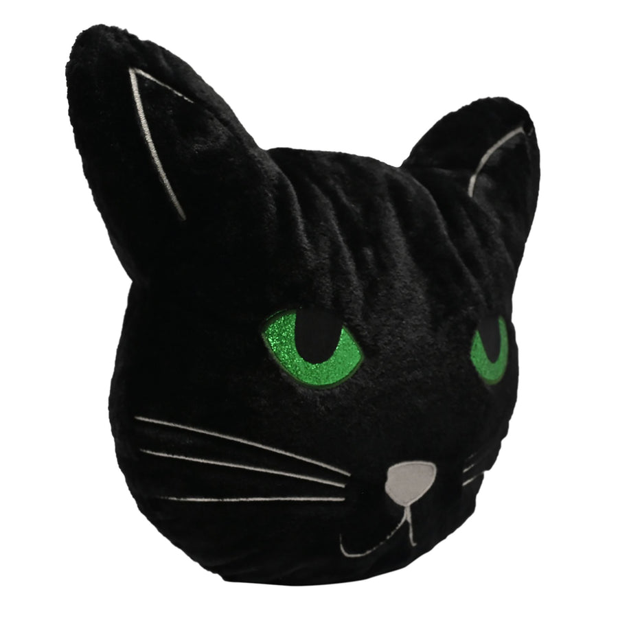 Black cat head cushion with green eyes on a white background
