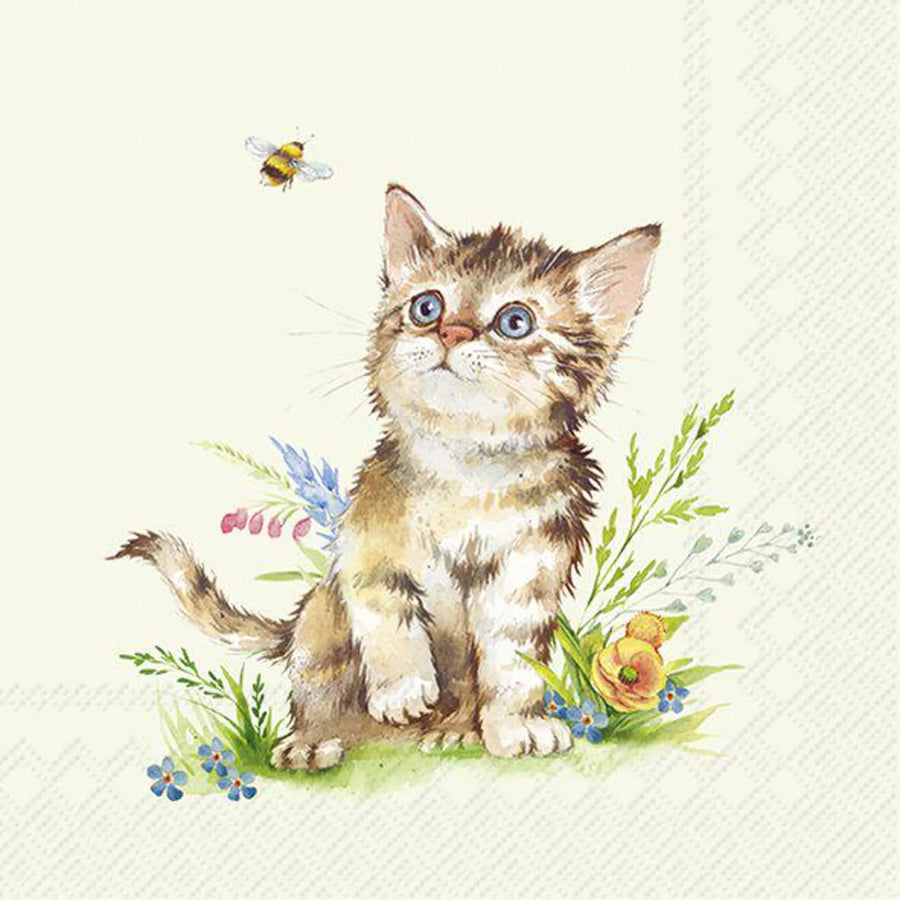 Illustration of a cute kitten surrounded by flowers and a bee on a light background