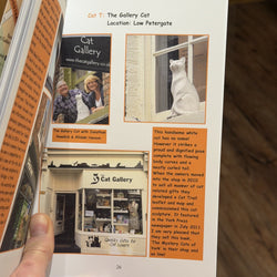 The Cat Gallery page in the book The Mystery Cats of York, showing Jonathan Newdick, Sculptor with Alison Hanson, Gallery Owner