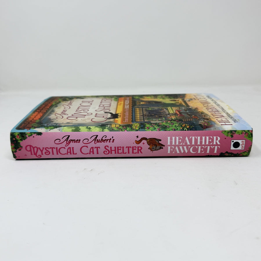 A hardback copy of the book 'Agnes Aubert's Mystical Cat Shelter' by Heather Fawcett, showing the pink spine and illustrated front cover on a white background.