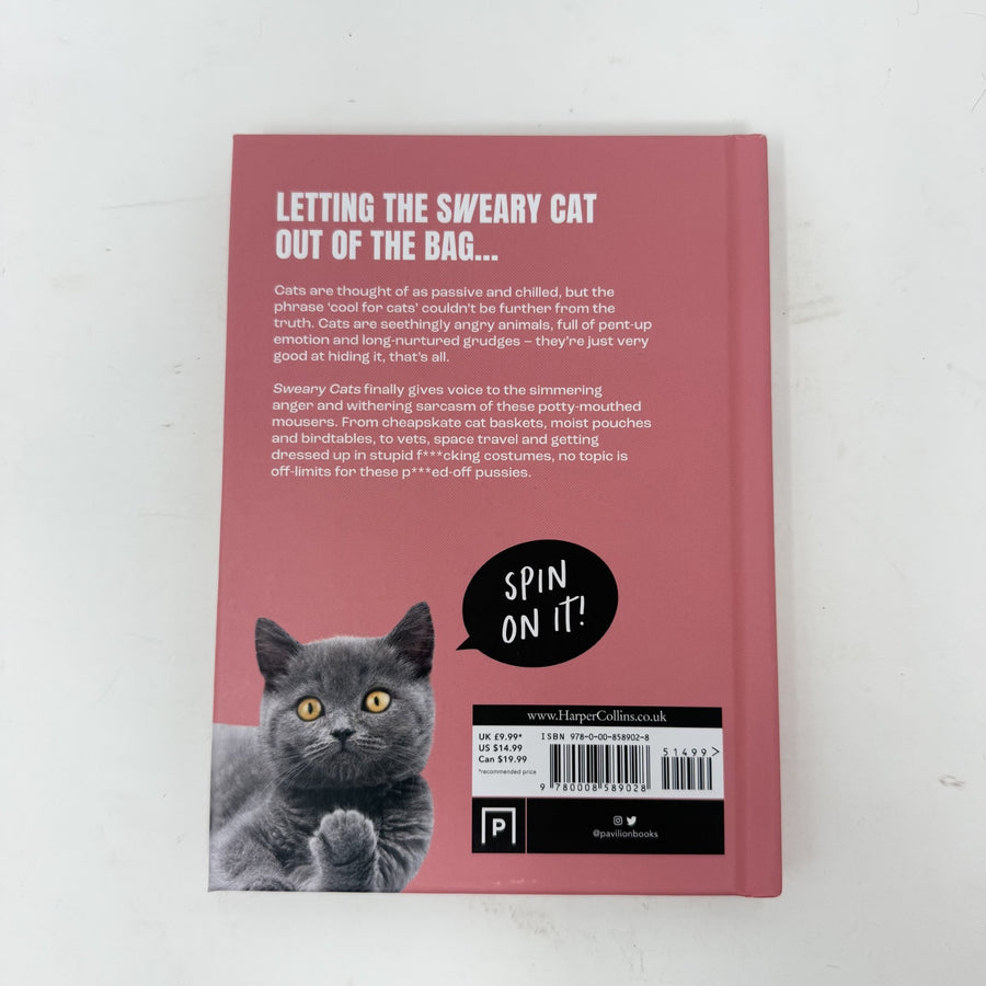 The back cover of a book titled Sweary Cats with a subtitle of 'LETTING THE SWEARY CAT OUT OF THE BAG.