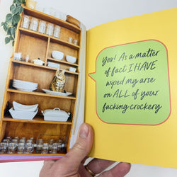Example spread from Sweary Cats showing a cat sitting in a dresser with a cartoon speech bubble and rude text