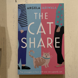Book cover of 'The Cat Share' by Angela Jariwala with two people and a cat on a colorful background.