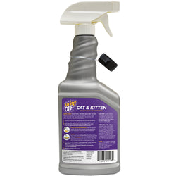 Spray bottle labeled 'urine off cat & kitten' on a white background