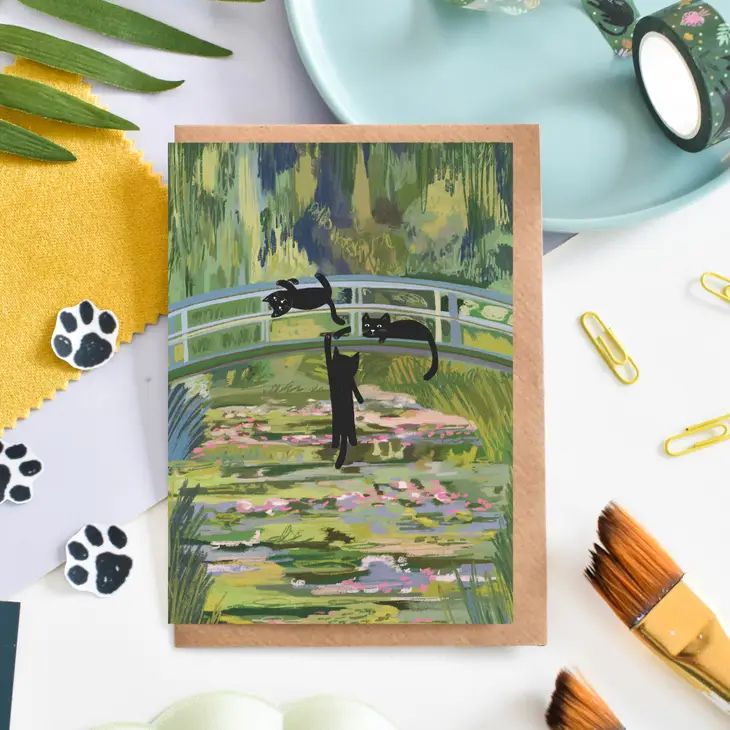 Tarjeta de arte de gato, puente de gatos con garras de Monet