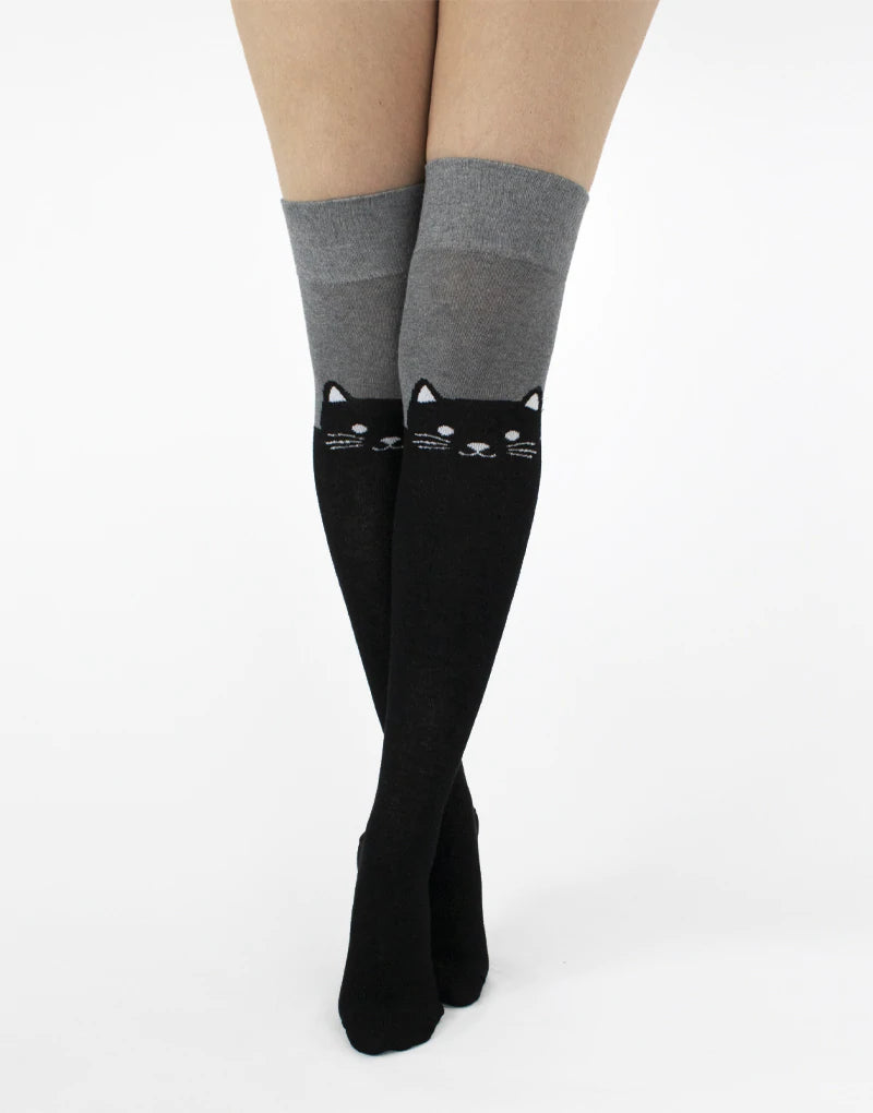 Over the Knee Cat Socks, grey-black