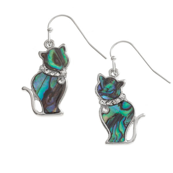A pair of earrings in the shape of cats with silver earwires and paua shell inlays.