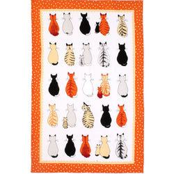 Cats in Waiting cotton tea towel by Ulster Weavers. Cats in a row facing away with a cheeky tabby cat turning his head