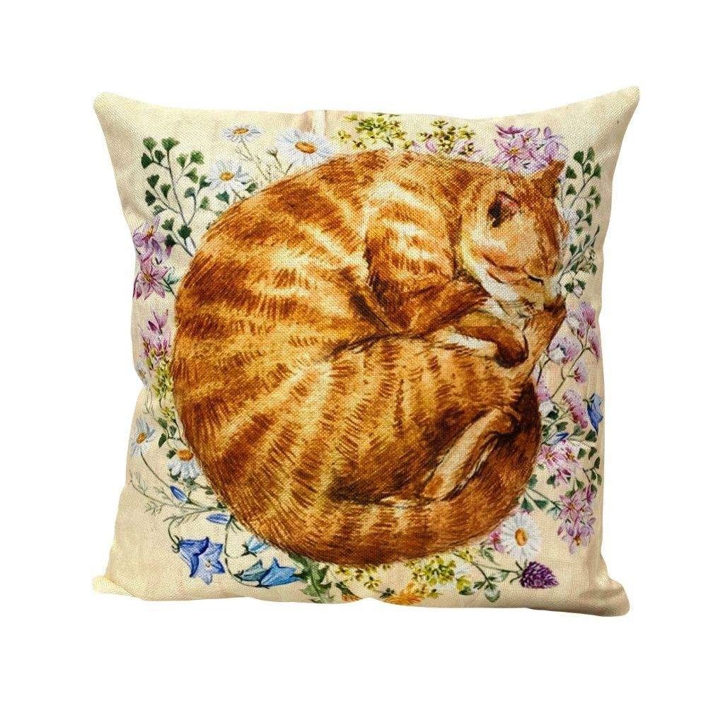 Curled Ginger Cat Handmade Cushion, 12x12"