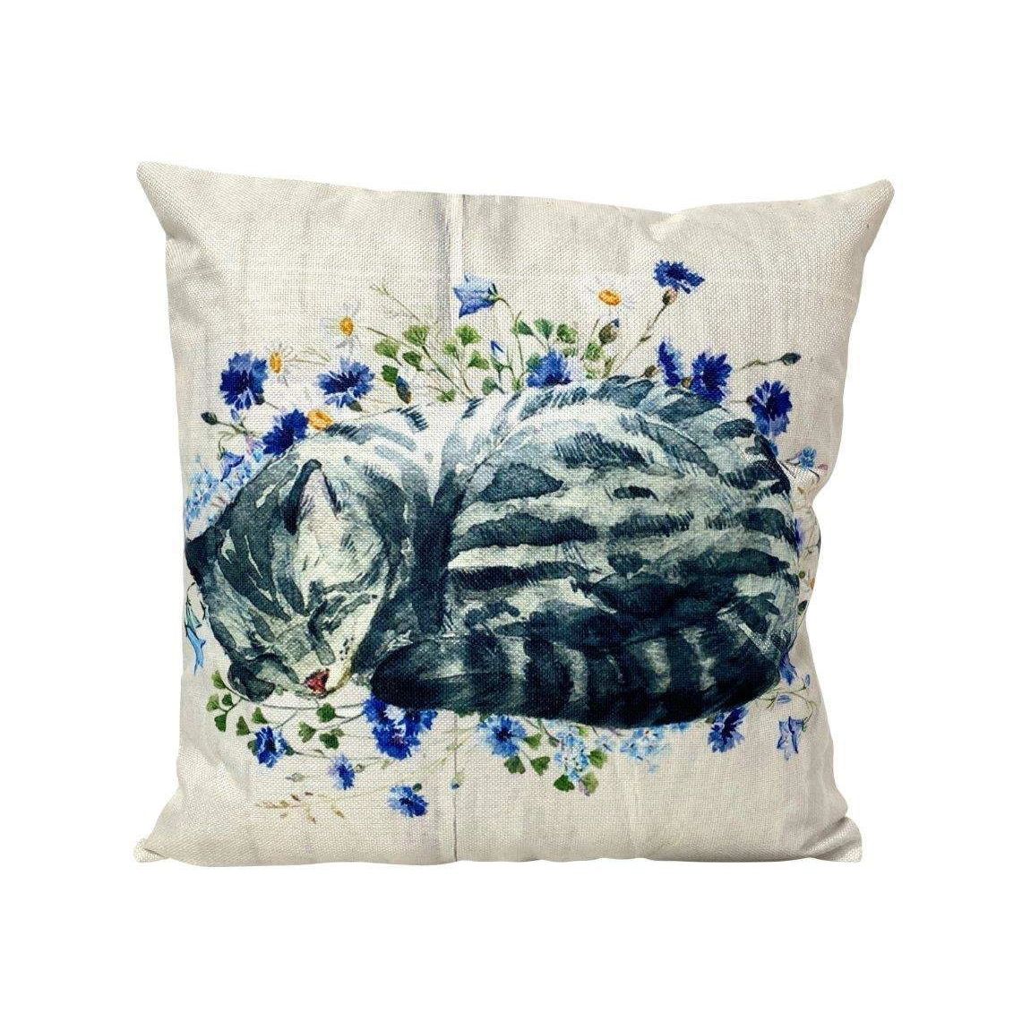 Curled Tabby Cat Handmade Cushion, 12x12"