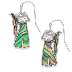 A pair of silver-plated cat-shaped earrings with paua shell drop accents, displayed against a white background.