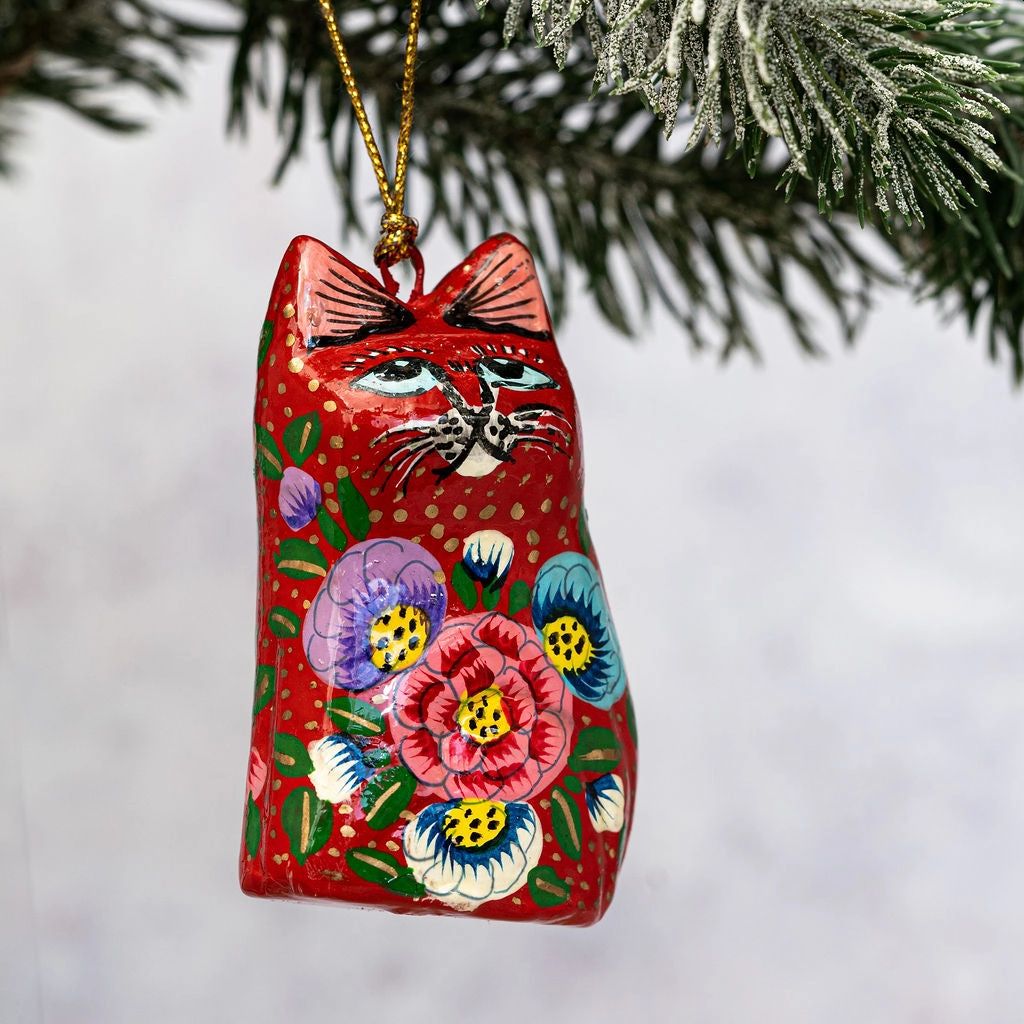 Fair Trade Painted Cat Decoration, Red Floral