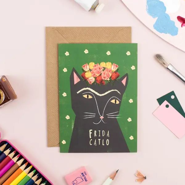 Frida Catlo Cat Artist Portrait Art Card