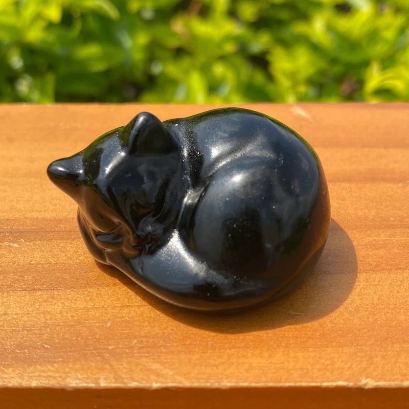 Large Sleeping Gemstone Cat, Obsidian