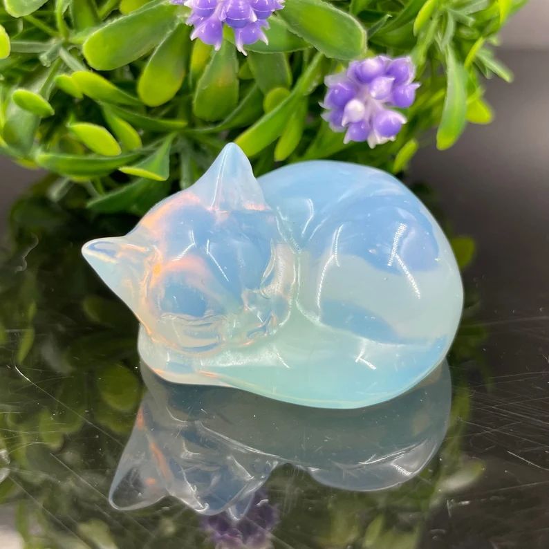 Large Sleeping Gemstone Cat, Opal, June / October Birthstone